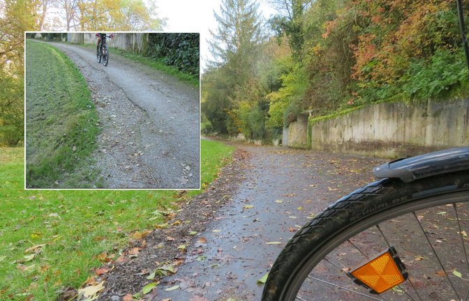 Schön, dass es mit der Sanierung des Hammelbergwegs Vaihingen – Enzweihingen geklappt hat. Er ist schließlich ein Teil des stark befahrenen Enztalradwegs ... Das kleine Bild zeigt den Weg vor der Reparatur. <span class='image-autor'>Foto: Arning</span>