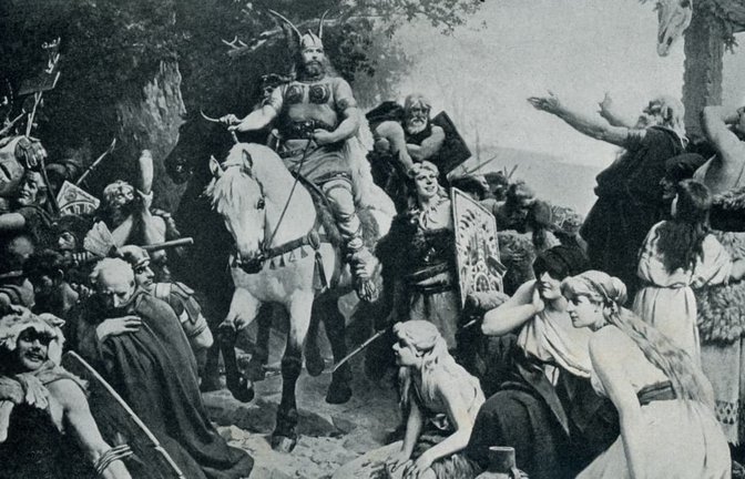 Arminius kehrt nach der Schlacht gegen die Römer im Jahr 9 n. Chr. heim (Druck um 1900).<span class='image-autor'>Imago/UIG</span>