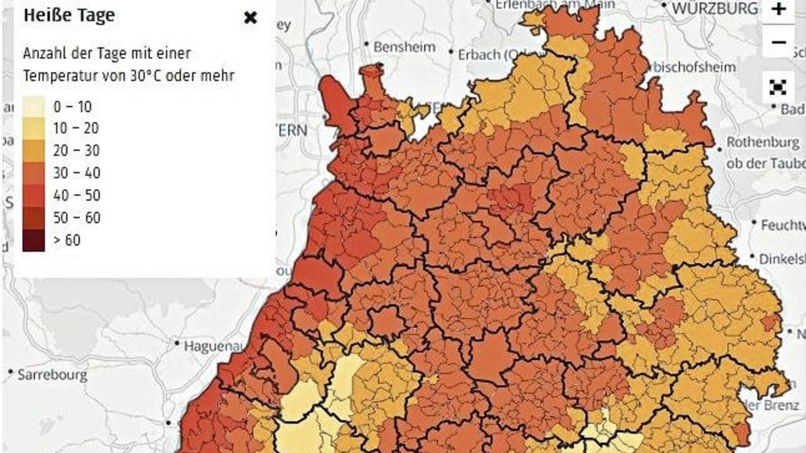 Im Klimaportal lassen sich die Veränderungen verschiedener Klimaparameter bis in die ferne Zukunft nachvollziehen. So ist beispielsweise ersichtlich, wie viele heiße Tage es in Baden-Württemberg in den Jahren 2071 bis 2100 voraussichtlich geben wird. Foto Im Klimaportal lassen sich die Veränderungen verschiedener Klimaparameter bis in die ferne Zukunft nachvollziehen. So ist beispielsweise ersichtlich, wie viele heiße Tage es in Baden-Württemberg in den Jahren 2071 bis 2100 voraussichtlich geben wird. Foto