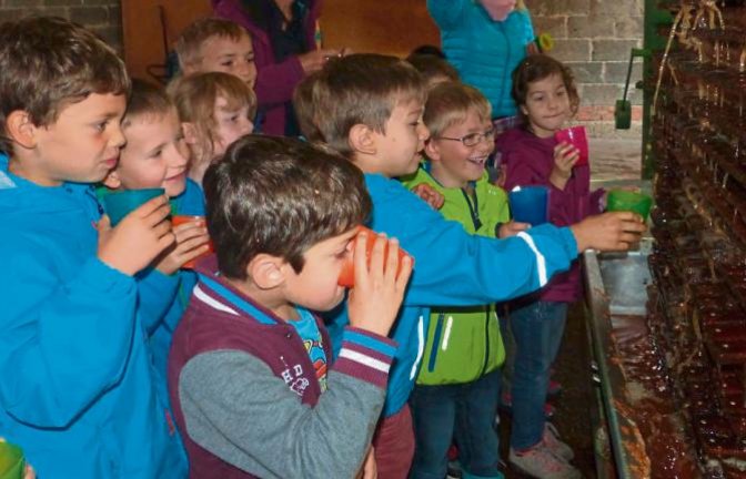 Der Saft kommt – und die Kinder freut’s. In Nussdorf dürfen die Grundschüler kosten. Foto: p