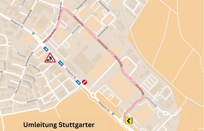 Wegen Bauarbeiten geht es im Mai auf einem Abschnitt der Stuttgarter Straße nur Richtung B 10.  Quelle: pv/Grafik: Google My Maps