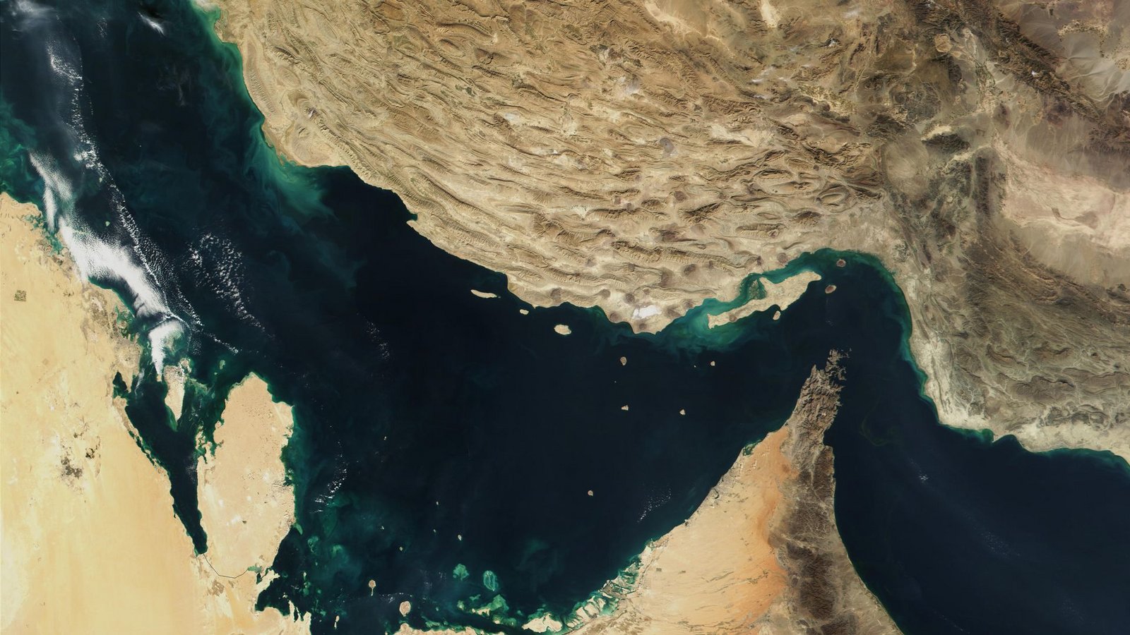 Der Persische Golf und die Straße von Hormus. Die angekündigte von Schiffen in der Meerenge sorgt für neue Unsicherheit am Markt.Foto: -/The Visible Earth/NASA/dpa