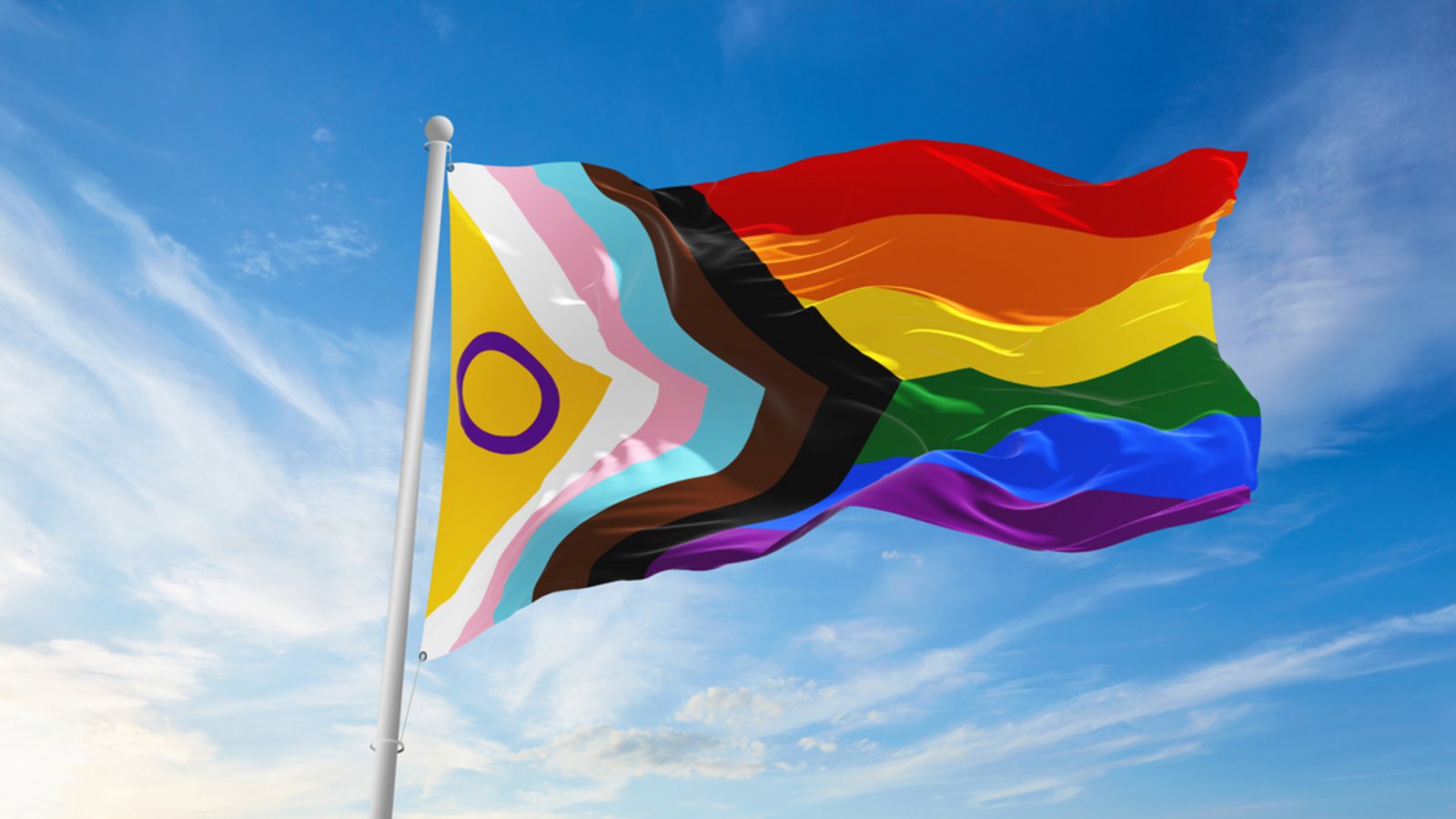 Inter Inclusive Pride Flag: Hierbei handelt es sich um das Intersex-inklusive Neudesign der Progress Flag. Es ist die Progress Pride Flag, der die Farben und Symbole der Intersex-Flagge hinzugefügt wurden.Foto: Maxim Studio/Shutterstock