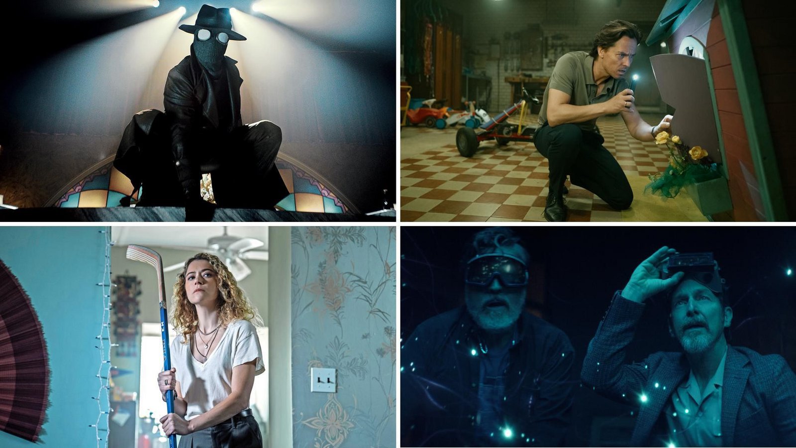 Wie wär’s zum Beispiel mit „Spider-Noir“, „Achtsam morden“, „The Boroughs“ oder „Maximum Pleasure Guaranteed“ (von links oben im Uhrzeigersinn)? Unsere Serientipps für Mai.Foto: Prime Video, Netflix (2), Apple TV+
