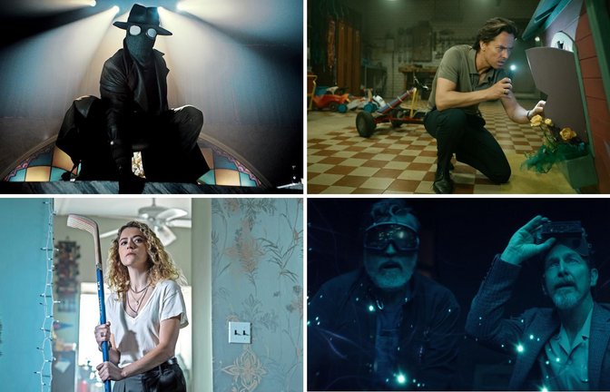 Wie wär’s zum Beispiel mit „Spider-Noir“, „Achtsam morden“, „The Boroughs“ oder „Maximum Pleasure Guaranteed“ (von links oben im Uhrzeigersinn)? Unsere Serientipps für Mai.<span class='image-autor'>Foto: Prime Video, Netflix (2), Apple TV+</span>