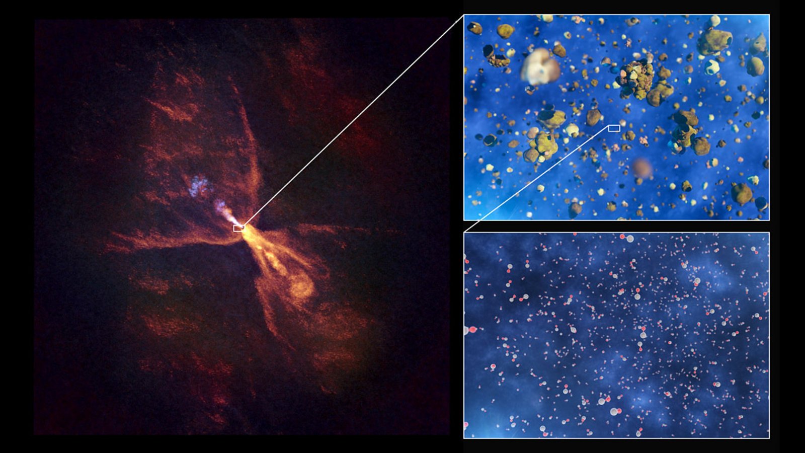 Astronomen haben erstmals beobachtet, wie sich die ersten Minerale um einen Protostern entwickeln - Bausteine für spätere Planeten.Foto: © Eso/L. Calçada/ALMA(ESO/NAOJ/NRAO), M. McClure et al. Astronomen haben erstmals beobachtet, wie sich die ersten Minerale um einen Protostern entwickeln - Bausteine für spätere Planeten.Foto: © Eso/L. Calçada/ALMA(ESO/NAOJ/NRAO), M. McClure et al.
