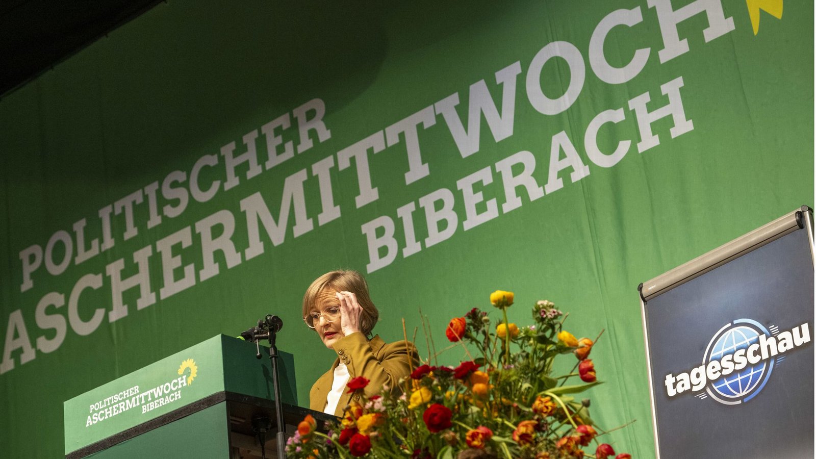 Die Grünen-Bundesvorsitzende Franziska Brantner in ihrer fiktiven Rolle als Tagesschau-Sprecherin.Foto: dpa/Stefan Puchner Die Grünen-Bundesvorsitzende Franziska Brantner in ihrer fiktiven Rolle als Tagesschau-Sprecherin.Foto: dpa/Stefan Puchner