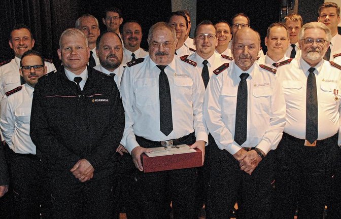 Die neu aufgenommenen und beförderten Feuerwehrleute aus Illingen und Schützingen. Auf 40 und 50 Jahre können zurückblicken Stefan Zwick (vordere Reihe v.r.), Urban Klose, Richard Häßler und Hans Gräther, ausgezeichnet unter anderem von Joachim Saalbach und Dr. Peter Pförsich. Foto: Stahlfeld