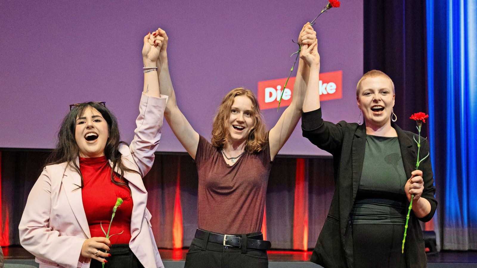 Mit ihrem Spitzentrio aus Mersedeh Ghazaei, Amelie Vollmer und Kim Sophie Bohnen hofft Die Linke auf den erstmaligen Einzug in den Landtag.Foto: Marijan Murat/dpa Mit ihrem Spitzentrio aus Mersedeh Ghazaei, Amelie Vollmer und Kim Sophie Bohnen hofft Die Linke auf den erstmaligen Einzug in den Landtag.Foto: Marijan Murat/dpa