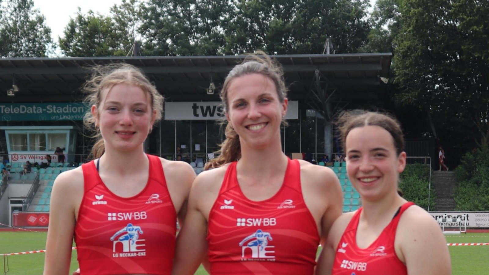 Leichtathletik, Saison 2024, Mehrkampf Ba-Wü Meisterschaften in Weingarten, von links Nina Sippel, Lisa Durian und Tina Pfitzenmaier von der LG Neckar-Enz, fotografiert von Annika Metzger