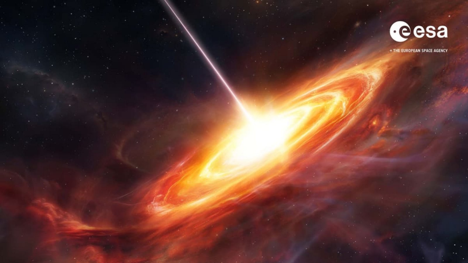 Illustration eines Quasars: Eine rot-orange leuchtende Materiescheibe strömt spiralförmig in ein supermassereiches Schwarzes Loch. Ein schmaler Materiestrahl tritt aus dem Zentrum aus. Quasare gehören zu den hellsten Objekten im Universum.Esa Illustration eines Quasars: Eine rot-orange leuchtende Materiescheibe strömt spiralförmig in ein supermassereiches Schwarzes Loch. Ein schmaler Materiestrahl tritt aus dem Zentrum aus. Quasare gehören zu den hellsten Objekten im Universum.Esa