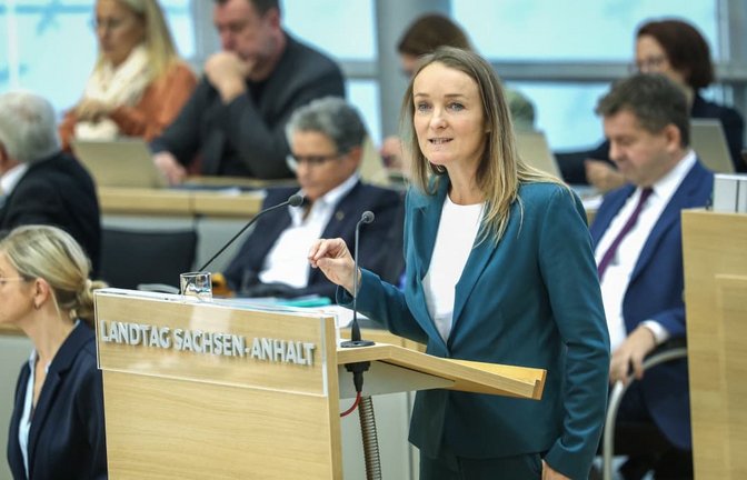 Claudia Wittig (BSW) spricht bei der Sondersitzung des Landtags von Sachsen-Anhalt.<span class='image-autor'>Ronny Hartmann/dpa</span>