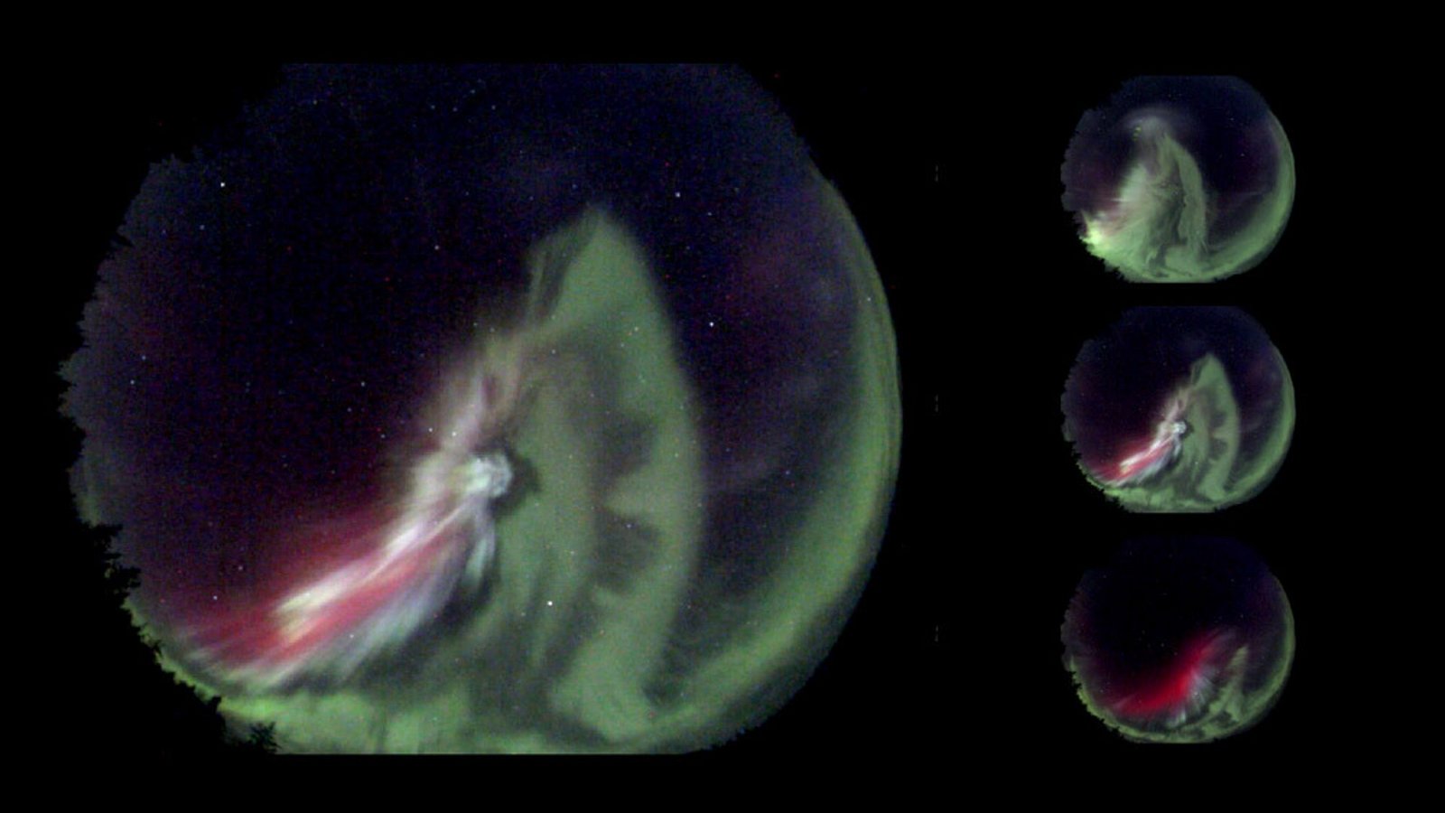 Neben den typische grünlichen und rötlichen Polarlicht zeigen diese Himmelsaufnahmen ein  weißliches Leuchten. Woher stammen diese mysteriösen weißen Lichtflecken?Foto: © University of Calgary