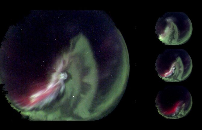 Neben den typische grünlichen und rötlichen Polarlicht zeigen diese Himmelsaufnahmen ein  weißliches Leuchten. Woher stammen diese mysteriösen weißen Lichtflecken?<span class='image-autor'>Foto: © University of Calgary</span>