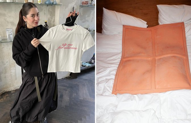 Links: Die Künstlerin mit ihrem selbstentworfenen Shirt. Rechts: „Sexy painting“.<span class='image-autor'>Foto: Katrin Maier-Sohn, Elliott</span>
