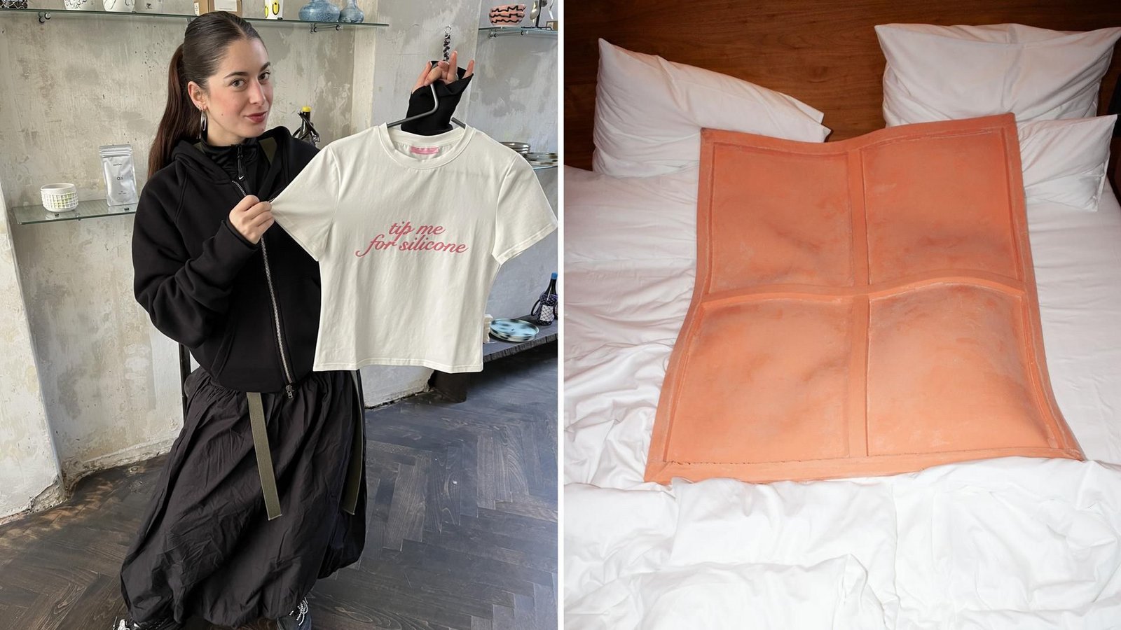 Links: Die Künstlerin mit ihrem selbstentworfenen Shirt. Rechts: „Sexy painting“.Foto: Katrin Maier-Sohn, Elliott Links: Die Künstlerin mit ihrem selbstentworfenen Shirt. Rechts: „Sexy painting“.Foto: Katrin Maier-Sohn, Elliott