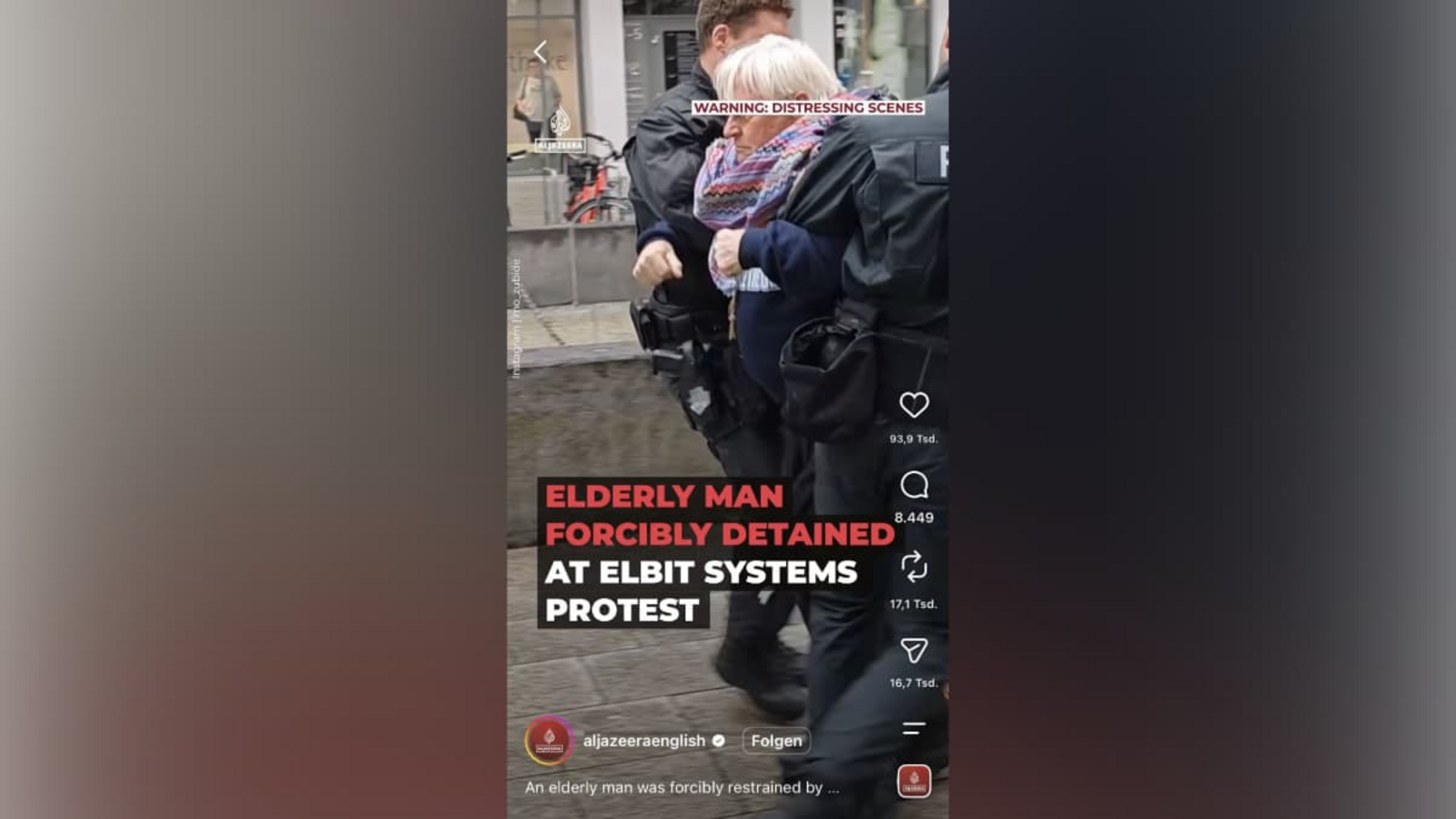 Das Foto zeigt eine Sequenz aus dem Video, das in den sozialen Medien viral ging. Der 76-Jährige wird von der Polizei abgeführt.Screenshot: Instagram Das Foto zeigt eine Sequenz aus dem Video, das in den sozialen Medien viral ging. Der 76-Jährige wird von der Polizei abgeführt.Screenshot: Instagram