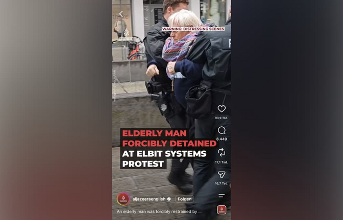 Das Foto zeigt eine Sequenz aus dem Video, das in den sozialen Medien viral ging. Der 76-Jährige wird von der Polizei abgeführt.<span class='image-autor'>Screenshot: Instagram</span>