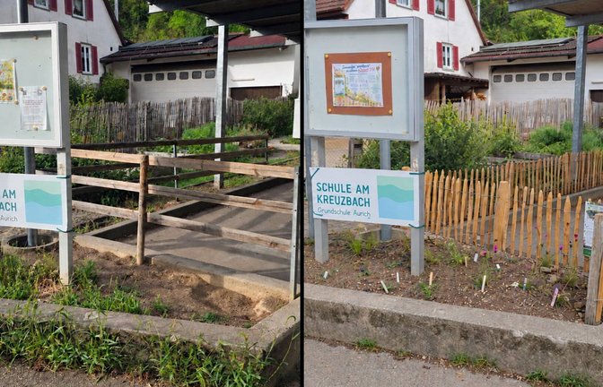 Der alte (links) und neu gestaltete Schulgarten an der Auricher Grundschule.  <span class='image-autor'>Fotos: p</span>