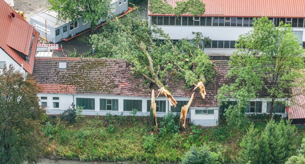Unwetter in Baden-Württemberg - in Oppenweiler fielen mehrere Bäume auf das Dach eines Firmengebäudes.