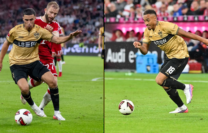Bilal El Khannouss (links) und Jamie Leweling kamen zuletzt gegen den FC Bayern im Verlauf der zweiten Hälfte ins Spiel.<span class='image-autor'>Imago/HMB-Media, Imago/Beautiful Sports International</span>