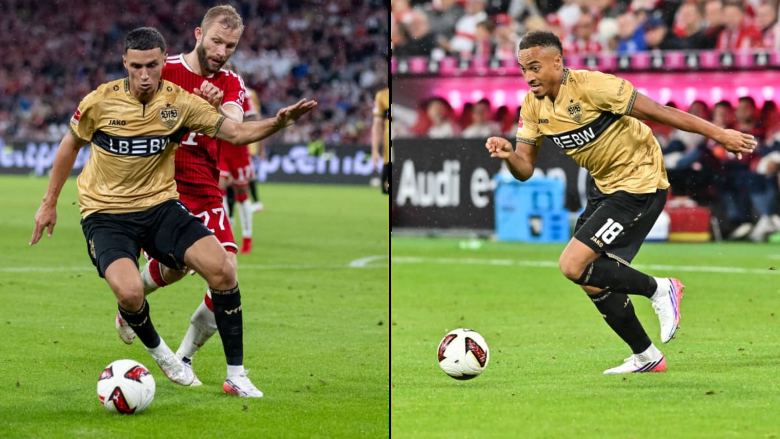 Bilal El Khannouss (links) und Jamie Leweling kamen zuletzt gegen den FC Bayern im Verlauf der zweiten Hälfte ins Spiel.Imago/HMB-Media, Imago/Beautiful Sports International