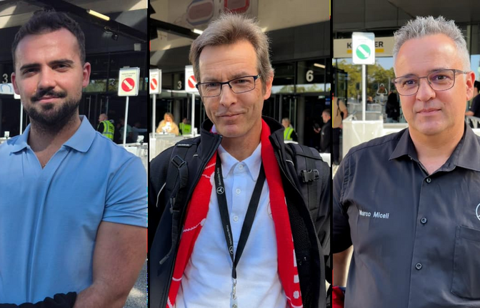 Rafael Mpouras, Dietmar Beck, Marco Miceli (von links) und nach Betriebsratsangaben mehr als 5000 weitere Beschäftigte nahmen an der Betriebsversammlung in der Hanns-Martin-Schleyer-Halle teil.<span class='image-autor'>red/Julia Paasch, red/Rouven Spindler</span>