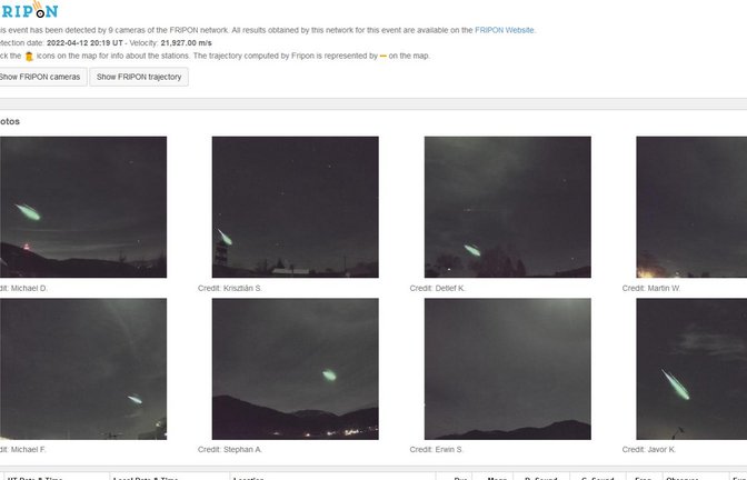 Meteorsichtungen an jenem Abend des 12. Aprils. Screenshot einer Seite der International Meteor Organization. Screenshot: Rücker