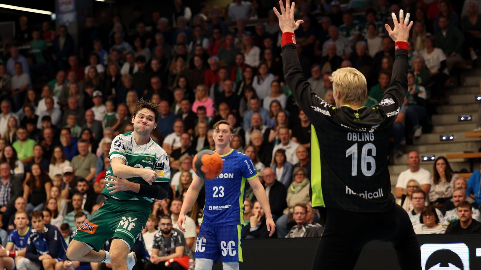 Ole Pregler (Mi.) spielte in der Hinrunde noch mit dem VfL Gummersbach in Göppingen, jetzt kam es zum Tauschgeschäft mit Ludvig Hallbäck (li.).Foto: Pressefoto Baumann/Julia Rahn