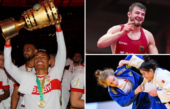 Enzo Millot (li.) holte mit dem VfB Stuttgart den DFB-Pokal, Ringer Lucas Lazogianis gewann drei wichtige Titel, Judoka Sara-Joy Bauer wurde Vize-Europameisterin.<span class='image-autor'>Foto: Pressefoto Baumann, imago (2)</span>