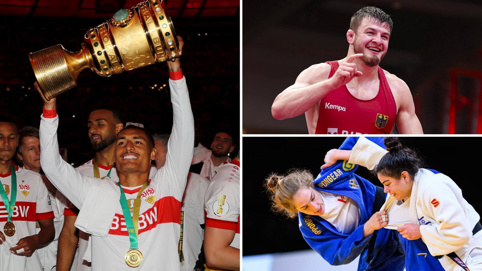 Enzo Millot (li.) holte mit dem VfB Stuttgart den DFB-Pokal, Ringer Lucas Lazogianis gewann drei wichtige Titel, Judoka Sara-Joy Bauer wurde Vize-Europameisterin.Foto: Pressefoto Baumann, imago (2)