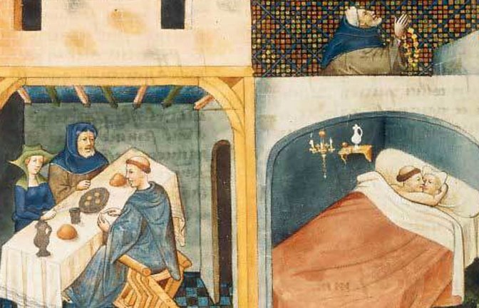 Buchmalerei aus dem 15. Jahrhundert zum Dekameron: Ein Mönch isst mit einem Ehepaar (li.), danach schläft er mit der Frau, während der Mann betet.<span class='image-autor'>Foto: Wikipedia</span>