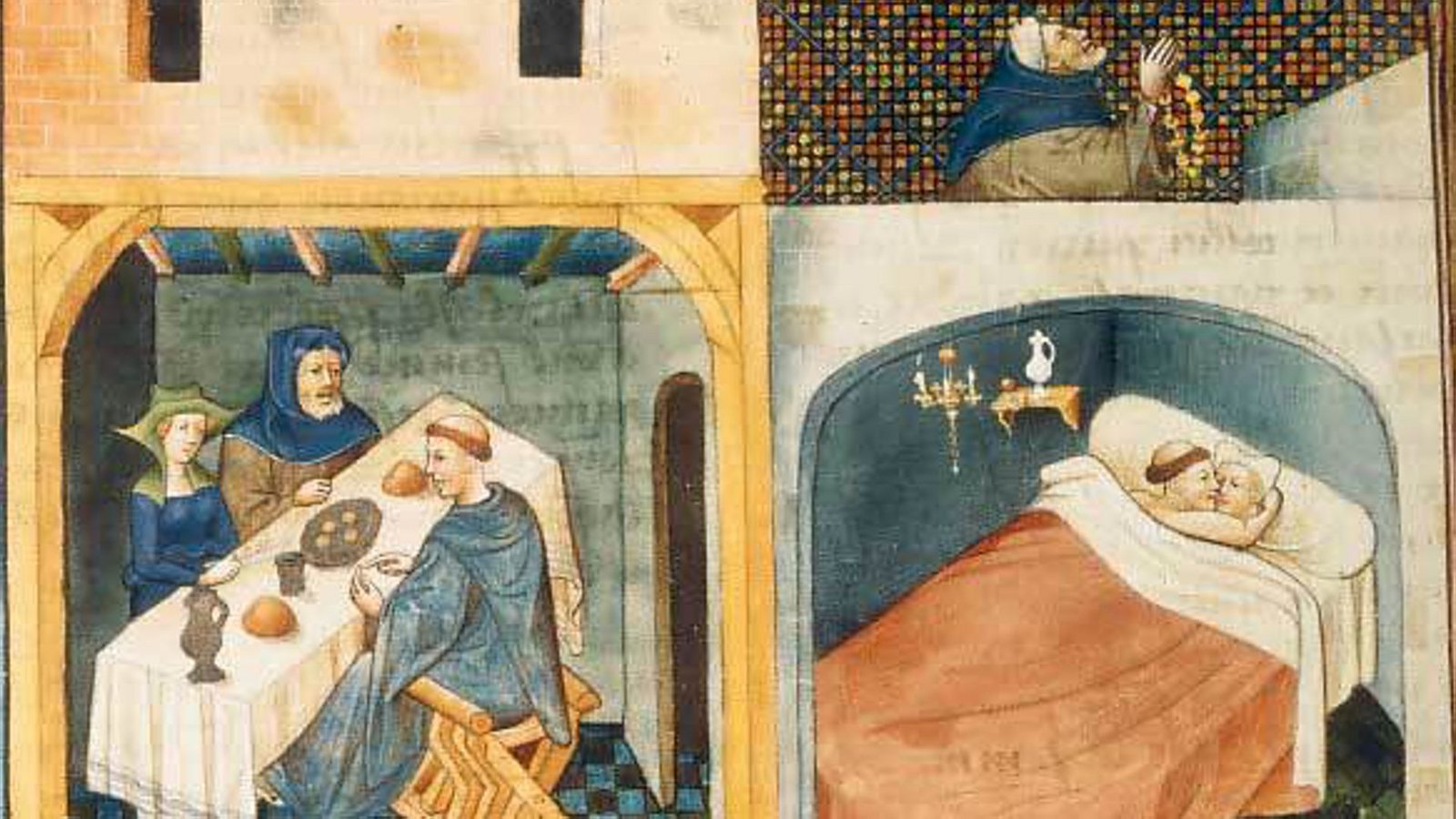 Buchmalerei aus dem 15. Jahrhundert zum Dekameron: Ein Mönch isst mit einem Ehepaar (li.), danach schläft er mit der Frau, während der Mann betet.Foto: Wikipedia