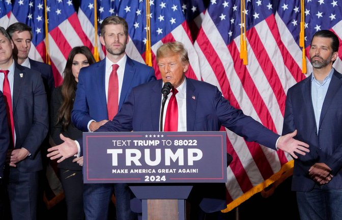 Der ehemalige Präsident Donald Trump spricht am Montag bei der Trump Caucus Night Watch Party im Iowa Events Center in Des Moines.<span class='image-autor'>Foto: IMAGO/USA TODAY Network/IMAGO/Zach Boyden-Holmes</span>