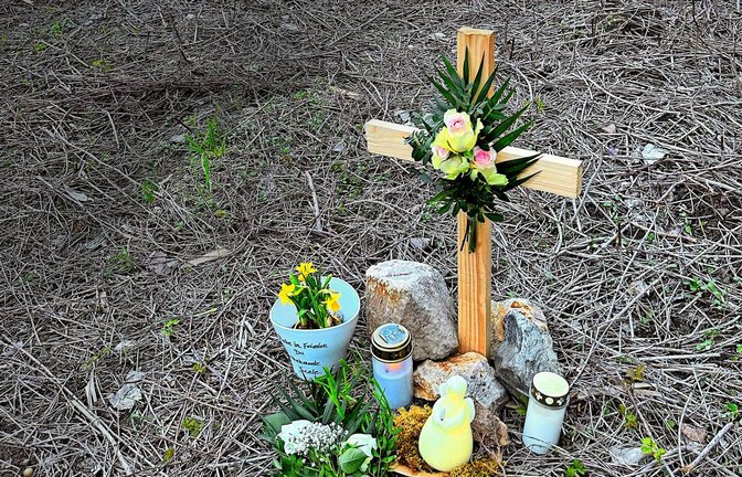 Wenige Tage nach der Tat:  ein Holzkreuz mit Kerzen und Blumen  an der Stelle, wo  man die  junge Frau fand.<span class='image-autor'>Foto: Jürgen Gruler/Schwetzinger Zeitung</span>