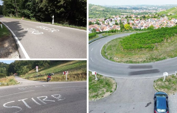 An verschiedenen Stellen im Rems-Murr-Kreis sind auf bei Motorradfahrern beliebten Strecken Hassparolen auf die Straße geschmiert worden. Die meisten sind von den Straßenmeistereien rasch beseitigt worden.<span class='image-autor'>Blaulichtzentrale/Kevin Lermer</span>