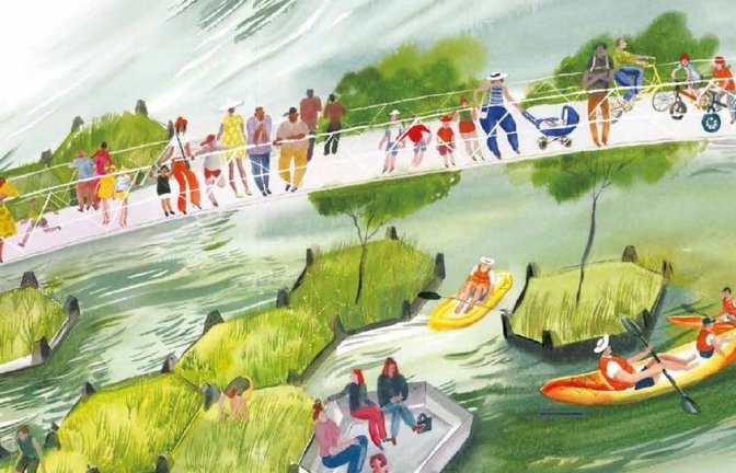 Statt Plastikmüll ins Meer treiben zu lassen, baut man in Rotterdam daraus einen schwimmenden Park. Doppelseite aus Victoria Tentler-Krylovs Bilderbuch „Unsere Städte, unsere Zukunft“<span class='image-autor'>Knesebeck/Victoria Tentler-Krylov</span>