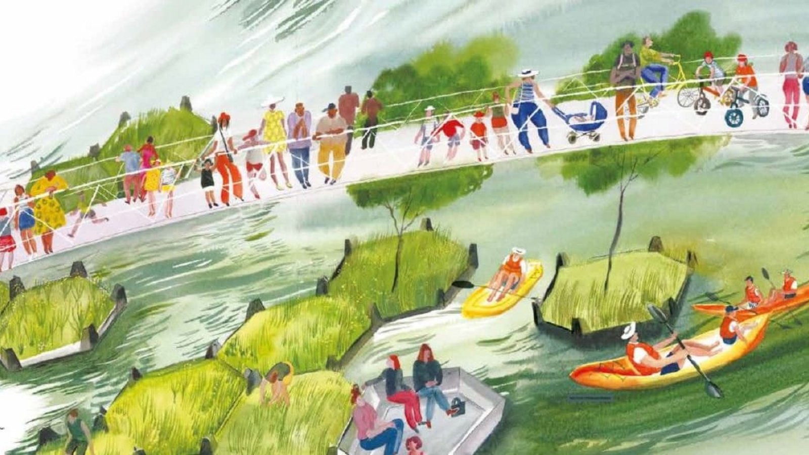 Statt Plastikmüll ins Meer treiben zu lassen, baut man in Rotterdam daraus einen schwimmenden Park. Doppelseite aus Victoria Tentler-Krylovs Bilderbuch „Unsere Städte, unsere Zukunft“Knesebeck/Victoria Tentler-Krylov