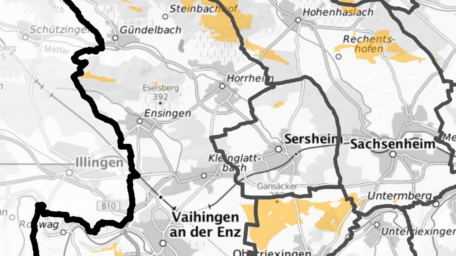 Mit dieser Suchraumkulissen-Karte befassen sich laut Regional-Planungschef Thomas Kiwitt derzeit die Kommunen. Auf den gelben Flächen wären Windkraftanlagen möglich.  Plan: VRS