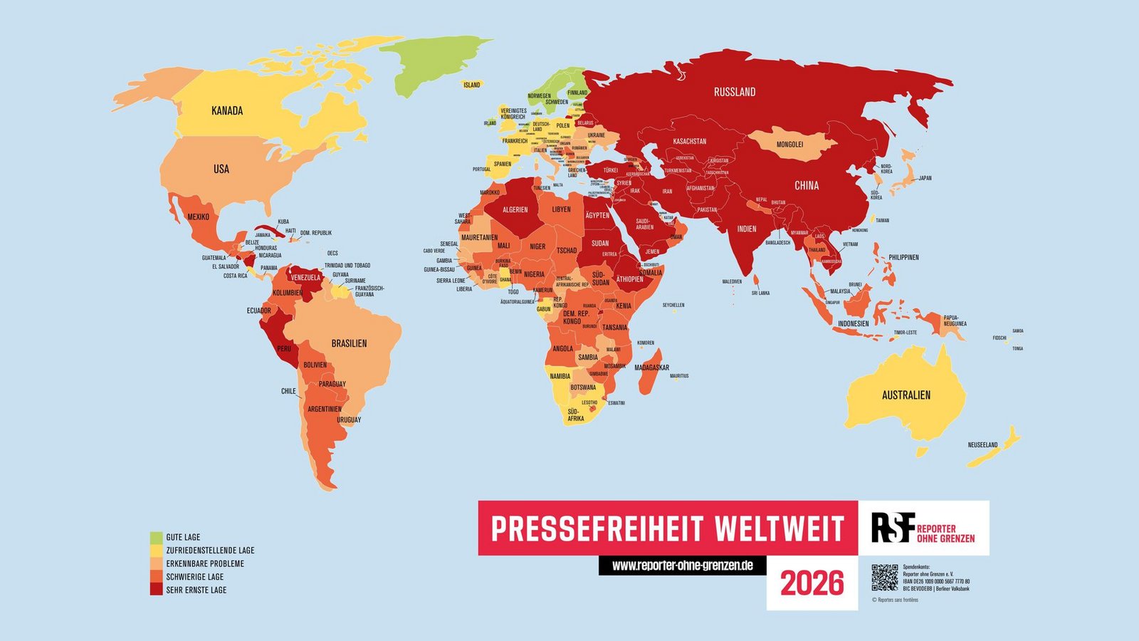Zum ersten Mal in der 25-jährigen Geschichte der Rangliste der Pressefreiheit fallen mehr als die Hälfte aller Länder und Territorien der Welt in die Kategorien „schwierig“ oder „sehr ernst“.Foto: Reporter ohne Grenzen e.V./Reporter ohne Grenzen e.V. Zum ersten Mal in der 25-jährigen Geschichte der Rangliste der Pressefreiheit fallen mehr als die Hälfte aller Länder und Territorien der Welt in die Kategorien „schwierig“ oder „sehr ernst“.Foto: Reporter ohne Grenzen e.V./Reporter ohne Grenzen e.V.