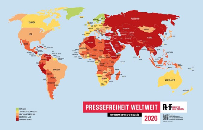 Zum ersten Mal in der 25-jährigen Geschichte der Rangliste der Pressefreiheit fallen mehr als die Hälfte aller Länder und Territorien der Welt in die Kategorien „schwierig“ oder „sehr ernst“.<span class='image-autor'>Foto: Reporter ohne Grenzen e.V./Reporter ohne Grenzen e.V.</span>