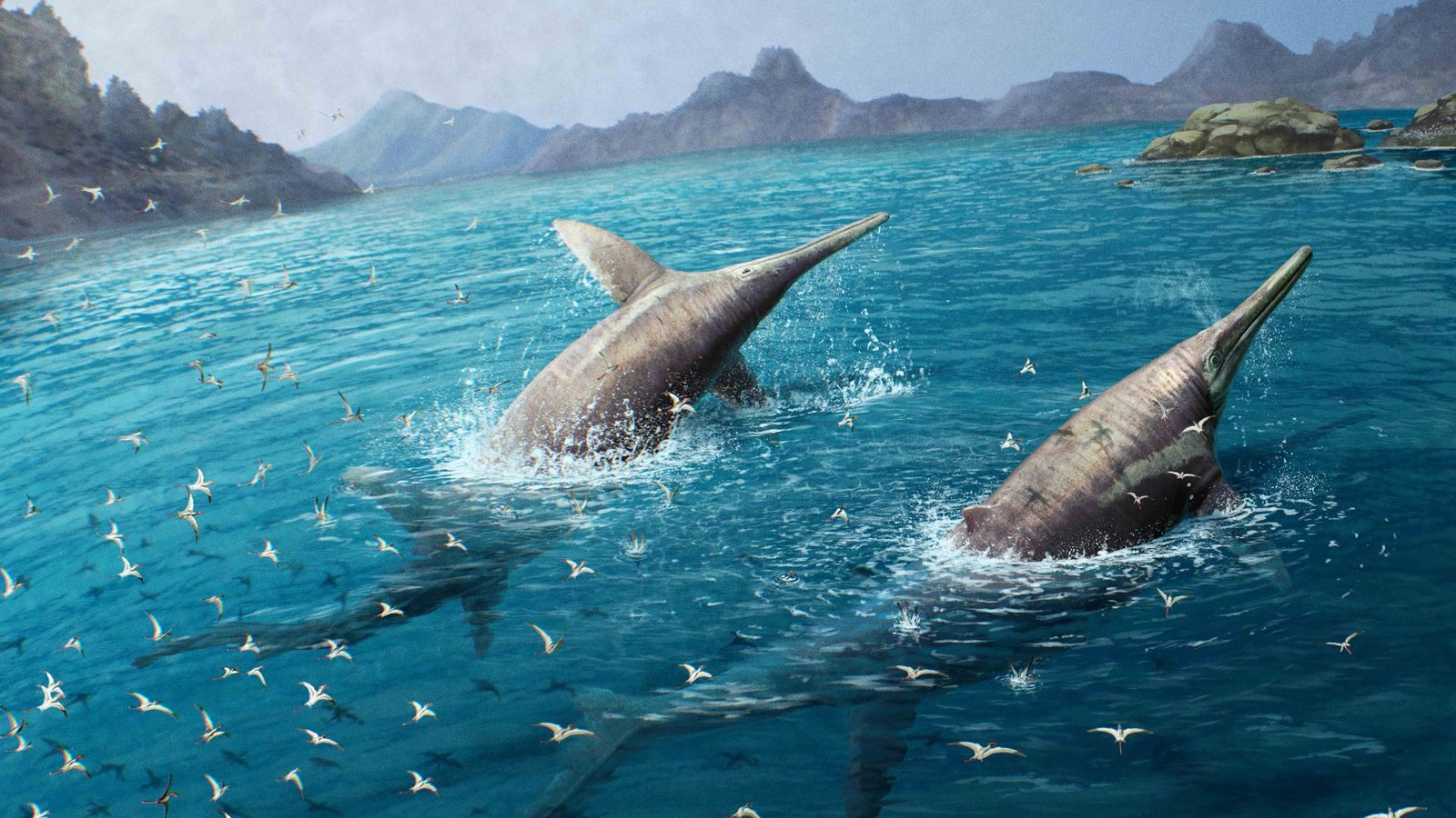 Diese künstlerische Darstellung zeigt ein Paar schwimmender Ichthyotitan severnensis.Foto: dpa/Gabriel Ugueto