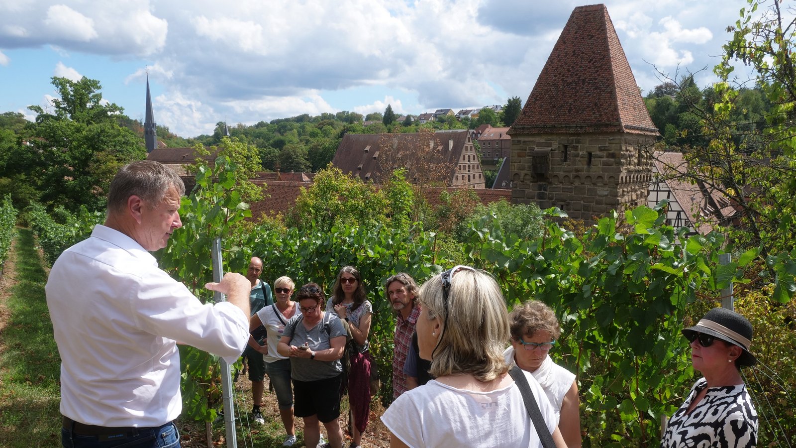 Frank Jaggy (links) erklärte den Besuchern, wie Weinbau in den Lagen des Closterweinbergs Maulbronn funktioniert. Foto: Friedrich Frank Jaggy (links) erklärte den Besuchern, wie Weinbau in den Lagen des Closterweinbergs Maulbronn funktioniert. Foto: Friedrich