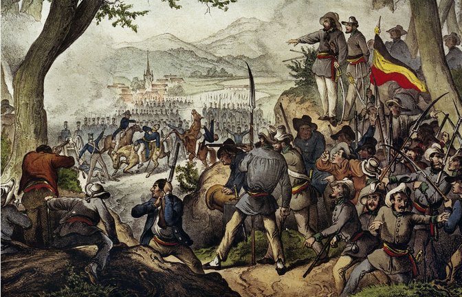 Truppen des Deutschen Bundes kämpfen  in der Schlacht von Kandern gegen die Freischärler unter Friedrich Hecker.<span class='image-autor'>Foto: picture-alliance/akg-images</span>