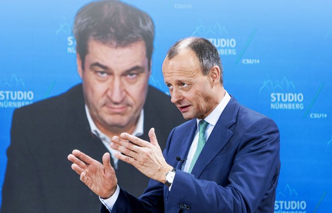 Markus Söder (CSU, links) und Friedrich Merz (CDU) sehen in den Grünen ihren Haupt­gegner. Das halten nicht alle für klug.<span class='image-autor'>Foto: imago/Chris Emil Janßen</span>