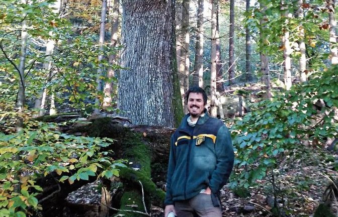Wertvolle Bäume wie diese alte Eiche , die Fabian Kuhr stolz zeigt, lassen sich mit den Fördermitteln erhalten und sichern.  Foto: Bäuerle