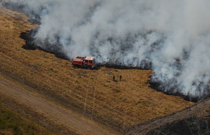 Feuerwehrleute bekämpfen einen Brand in der Nähe von Ares während der Waldbrände im Südwesten Frankreichs.<span class='image-autor'>Baz Ratner/Pool AP/dpa</span>