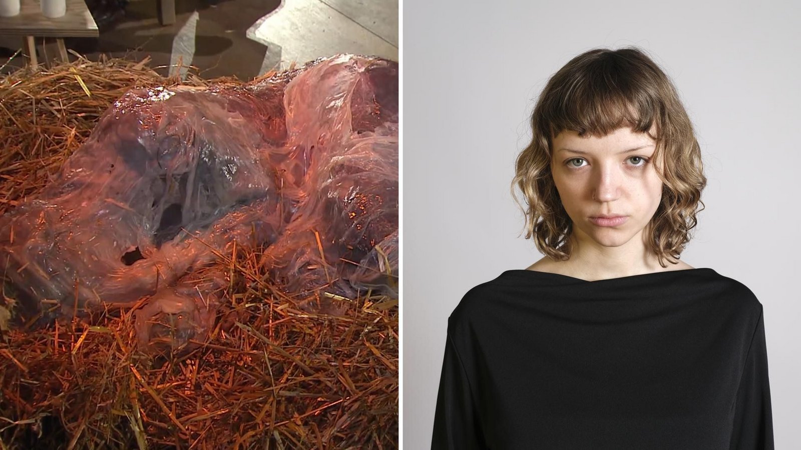 Die Darstellung des neugeborenen Jesus in der vom SWR übertragenen Christmette in der Stuttgarter Kirche St. Maria von der Künstlerin Milena Lorek (rechts im Bild).Foto: Screenshot SWR (ARD-Mediathek)/ rechts: Xenia Lara Wahl