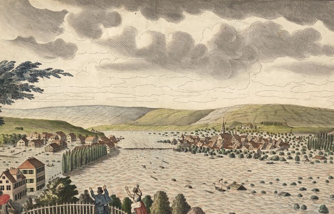 Eine historische Darstellung des Hochwassers von 1824 existiert nicht – wohl aber diese vom Hochwasser in Cannstatt  anno 1817. Das Unglück   sieben Jahre später stellt alles, was hier zu sehen ist,  in den Schatten<span class='image-autor'>Foto: Hauptstaatsarchiv Stuttgart</span>