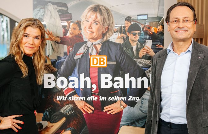 Fröhliche Minen: die Komikerin Anke Engelke und der DB-Vorstand Personenfernverkehr Michael Peterson bei der Vorstellung der DB-Kampagne „Boah, Bahn!“ in Frankfurt<span class='image-autor'>Foto: Deutsche Bahn AG</span>